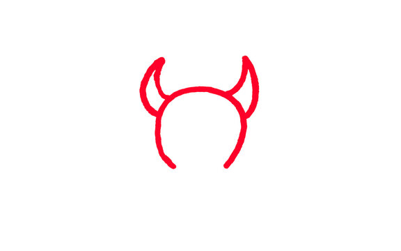 Minimalist red devil horns headband, simple line art demon costume accessory, red outline icon for Halloween party and spooky celebrations