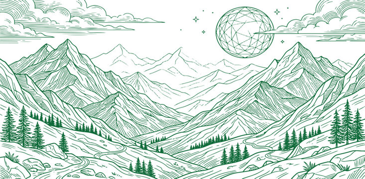 green line art mountain landscape engraving geometric full moon clouds pine forest vintage vector illustration