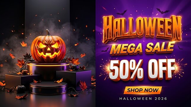 Halloween mega sale banner featuring glowing jack o lantern pumpkin on dark podium with purple background and fifty percent off text for seasonal retail marketing promotion
