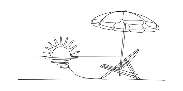 Continuous single line drawing of a beach umbrella and lounge chair with a setting sun on the horizon