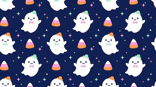 Seamless Halloween pattern featuring cute white ghosts wearing colorful hats and bow ties with candy corn and sparkling stars on a dark blue background for festive decor