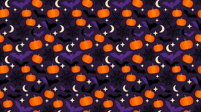 Halloween seamless pattern with orange pumpkins purple bats and white crescent moons on dark background for festive wrapping paper textile print or holiday greeting card design