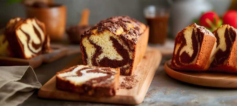 Creative food concept. Marble chocolate vanilla swirl cake loaf, sliced with strawberry fruit on rustic wooden serving board table. copy text space. Long banner
