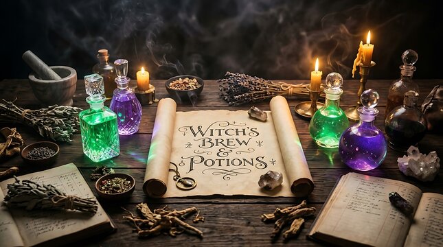 Halloween witch apothecary table featuring glowing magic potions