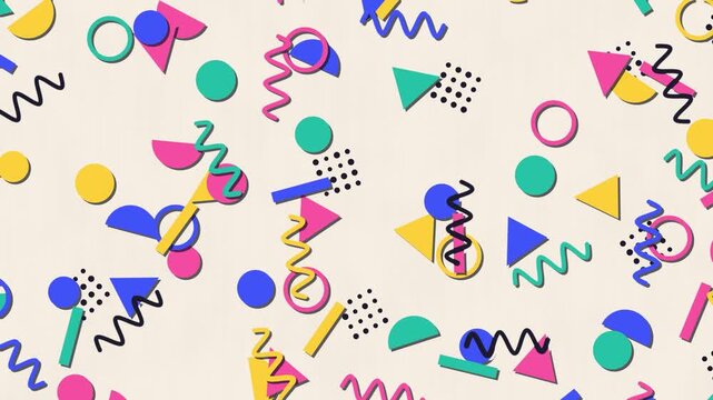 Memphis 80s geometric shapes, squiggles and dots bouncing and spinning on cream paper, playful retro pop background loop