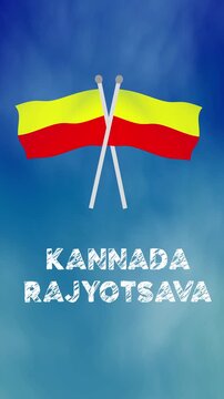 Animated kannada rajyotsava banner showcases yellowred flags against textured blue gradient, ideal for festive greetings, promotional campaigns, and social media.