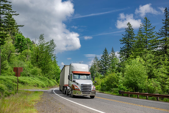 Two color white and brown day cab big rig semi truck transporting cargo in bulk semi trailer running on the narrow road with green summer forest