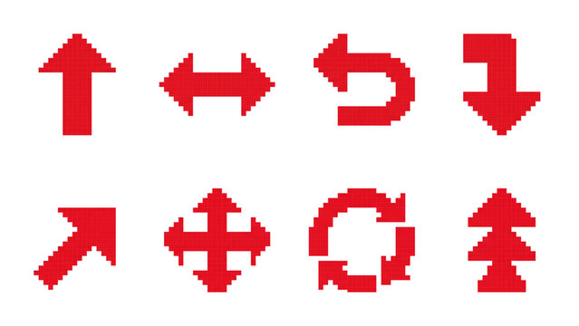 A collection of red pixel art arrow icons representing various directions and movements for user interface design and game development