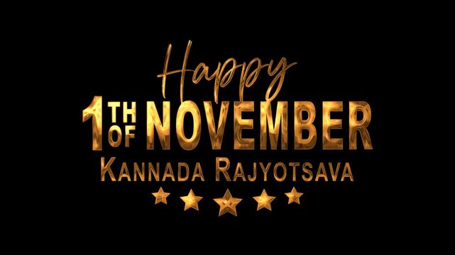 Golden kannada rajyotsava greeting typography animates with five stars on black, ideal for november celebrations, social posts, event promos, and campaigns.