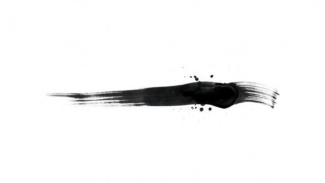 Single bold black ink brush stroke with splatters and texture on a plain white background, for minimalist