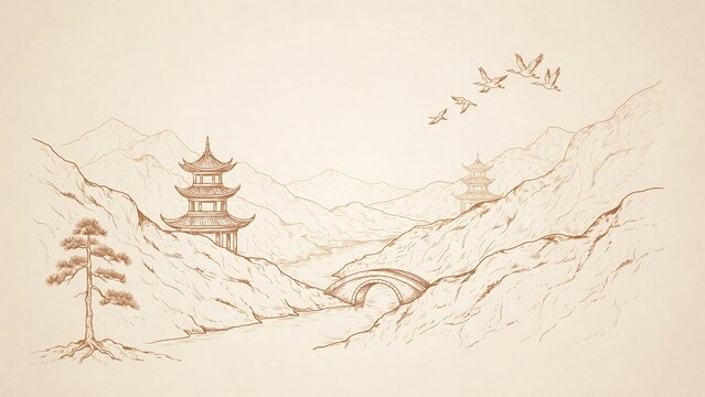 Traditional chinese landscape with pagodas, mountains, a stone bridge, and flying cranes in a sepia ink