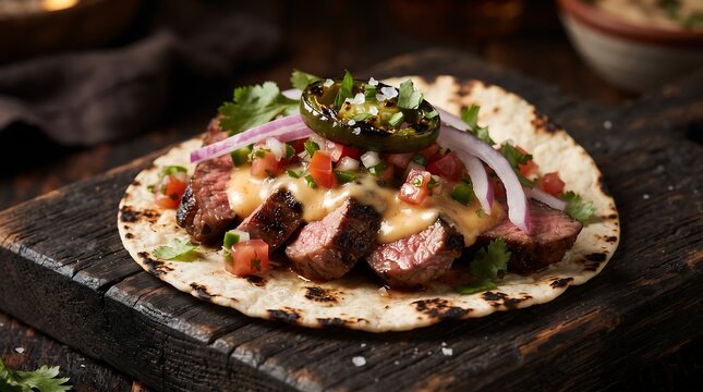 Close-up photograph of a delicious grilled steak taco served on a rustic dark wooden board, topped with melted cheese, fresh pico de gallo, red onion rings, cilantro, and a charred jalape&ntilde;o