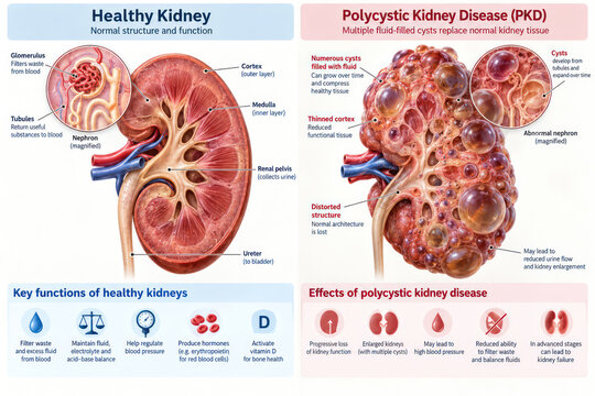 Polycystic Kidney Disease vs Healthy Kidney Anatomy and Function Infographic