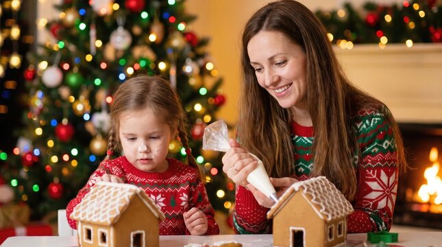 Mother and daughter decorating gingerbread houses together during a festive christmas celebration
