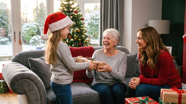 Grandmother enjoying a loving moment with her granddaughter and daughter during christmas