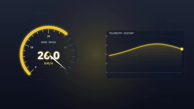Futuristic HUD digital dashboard showing wind speed speedometer and telemetry history graph with neon yellow glowing elements for weather data tracking