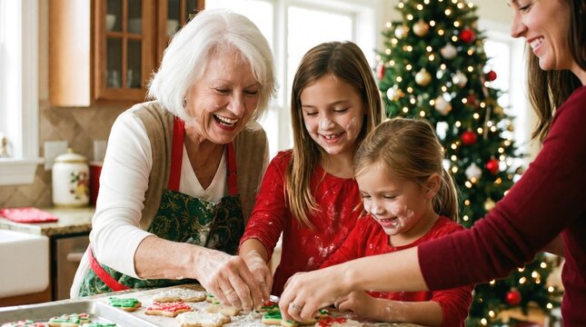 Three generations of women joyfully decorating christmas cookies together in a warm kitchen