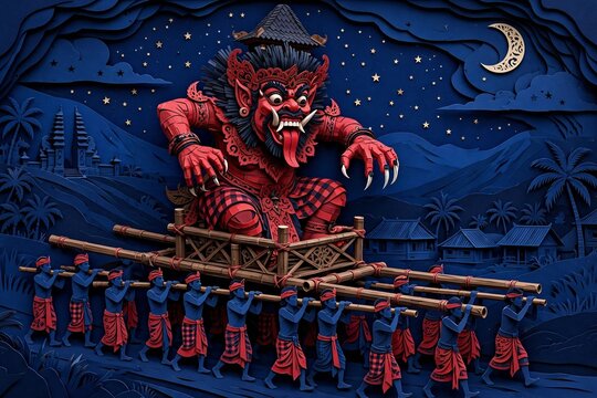 Ogoh-ogoh demon parade under starry night sky, Balinese Nyepi festival papercut illustration