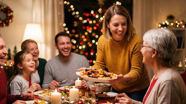 Happy family enjoying a festive holiday dinner together around a warmly lit table