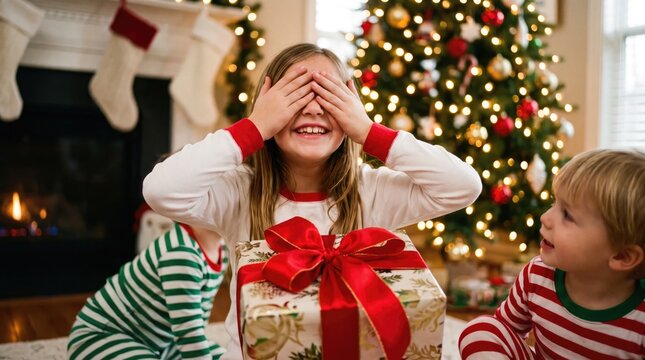 Excited children covering eyes with hands anticipating christmas gifts near decorated tree