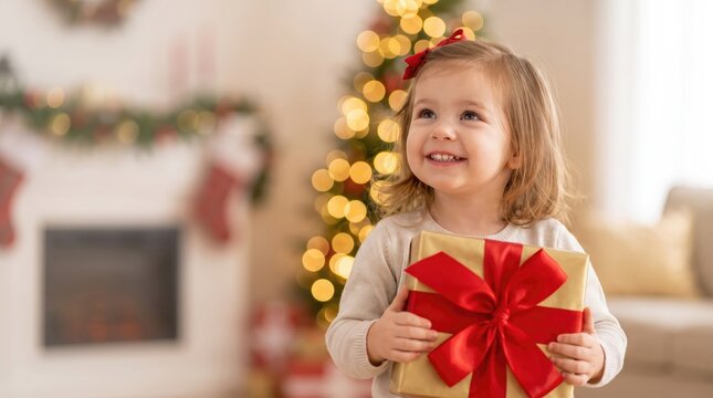 Adorable little girl holding a gift in front of a decorated christmas tree