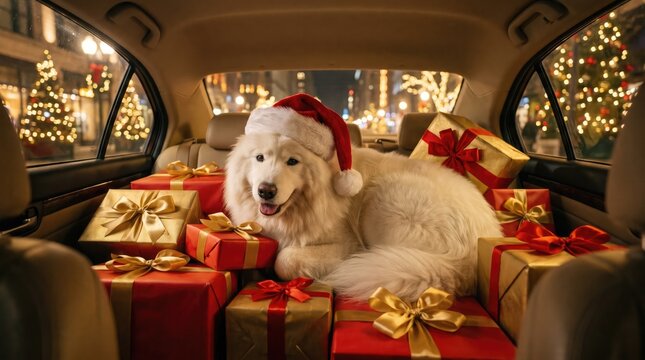 Festive white dog wearing a santa hat surrounded by christmas gifts and decorations
