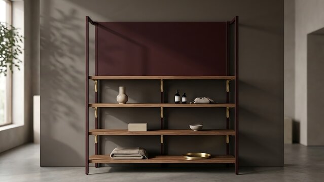 Modern minimalist wooden wall shelving unit with elegant gold brackets against a dark burgundy backdrop featuring lifestyle decor items like ceramic vases and soft textiles in a sunlit room.