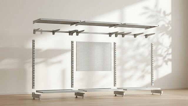 Exploded view of a modular metal storage shelving system with pegboard panel and adjustable brackets in a minimalist bright room with sunlight and leaf shadows on the wall.