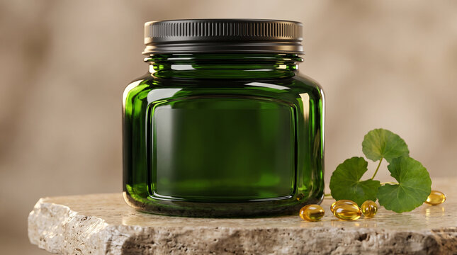 Blank dark UV green glass apothecary supplement jar mockup with matte black cap on travertine ledge with gotu kola and softgels for longevity branding