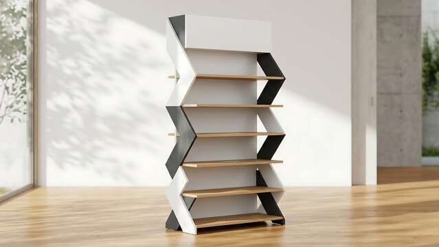 Modern zigzag retail display shelf unit with wooden planks in a minimalist showroom interior, blank gondola rack for product placement and store branding, professional 3D rendering with soft sunlight.