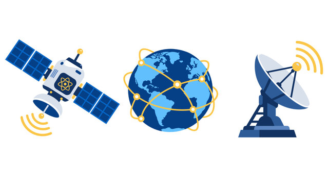 Satellite communication icon set with a blue-and-white spacecraft a globe crossed by golden orbital paths and a parabolic dish with signal waves in a flat vector style