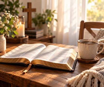 Quiet Morning Bible Study With Coffee, Cross and Candle