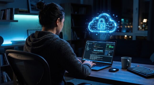 Programmer working on laptop with secure cloud data protection symbol floating above screen, illustrating cybersecurity, encryption, privacy and information safety in modern tech