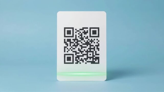 Green scan line moving over QR code on white card with blue background, scanning and contactless payment technology animation