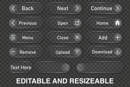 Dark Glassmorphism UI Button Collection with Navigation, Upload, Download and Editable Shapes

