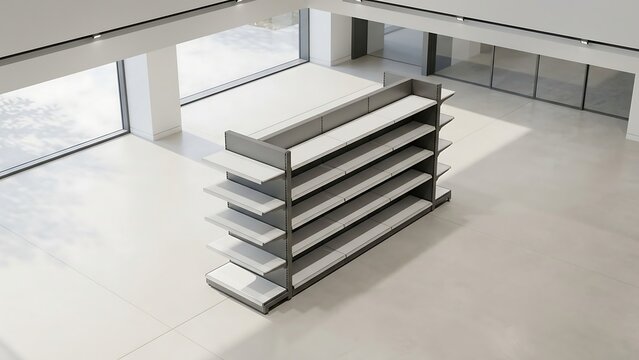 Modern empty double-sided gondola shelving unit in a bright minimalist retail store interior or showroom setting, professional 3D rendering of commercial retail display rack for shops.