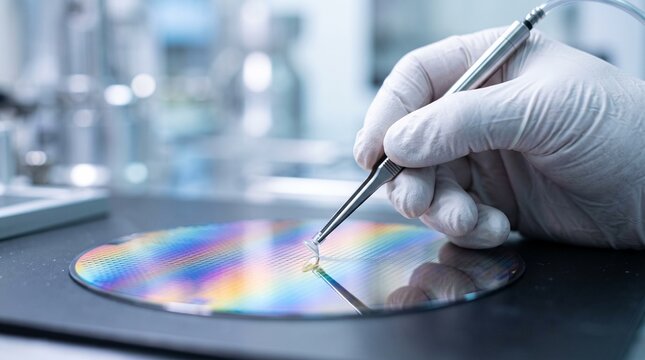 Close-up of a technician hand in gloves using a vacuum wand tool to inspect a semiconductor silicon wafer in a cleanroom laboratory.