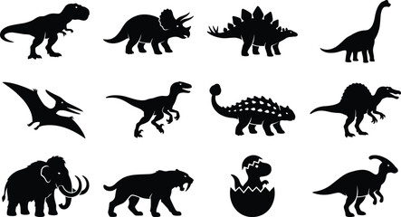 Prehistoric Dinosaur Silhouette Vector Set with Tyrannosaurus Stegosaurus Pterodactyl and Mammoth © MstSumaiyaAkter
