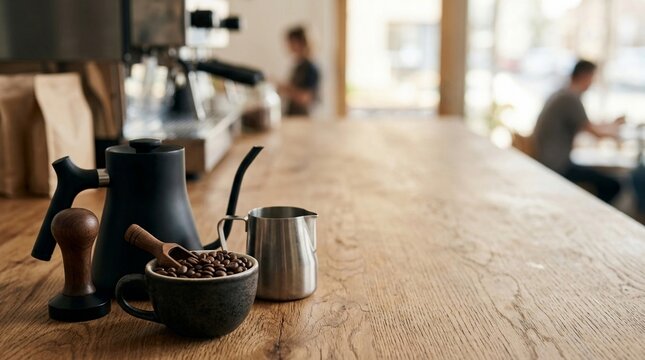 Barista preparing coffee with roasted beans and milk pitcher on wooden counter in cafe
