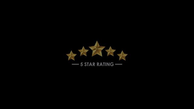Golden Five Star Rating Animation Set Featuring Five Faceted Stars in a Balanced Layout. MOV ProRes 4444 footage with a transparent alpha channel.