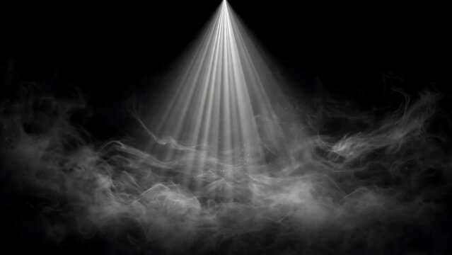 Mysterious light beams shining through dark cloudy smoke background illustration