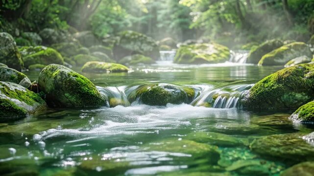Flowing clear water cascades over mossy rocks in a green forest stream