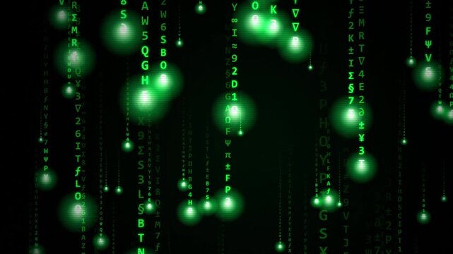 Digital matrix rain background, with glowing green, binary code falling, symbols for cyber, security and technology, data streams