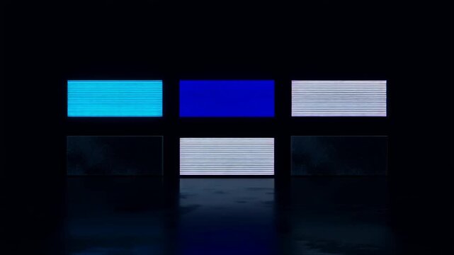Minimalist abstract composition with a grid of glowing rectangular panels against a dark background