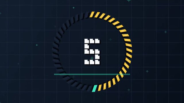 A glowing golden circular countdown timer shows the number five positioned over a dark grid surface while particles drift slowly through the air to signify the final moments before an event