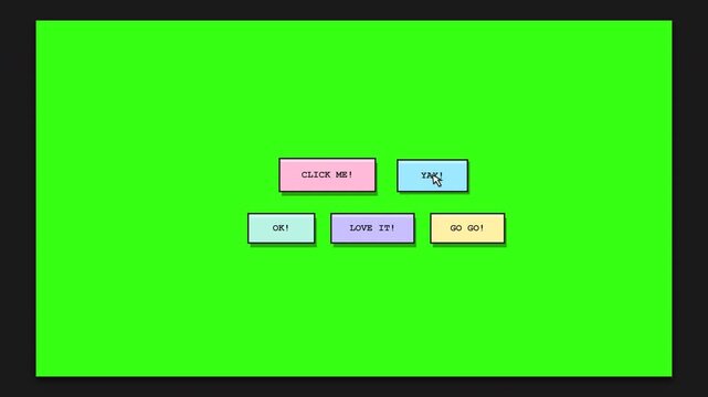 A self-contained 4K 60FPS motion graphic featuring cute retro web buttons, playful animated hand cursor, click reactions, hearts, stars, and smooth spring-like animations over a solid chroma green bac