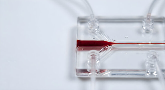 Macro view of a transparent microfluidic chip with a red liquid sample flowing through a Y-junction channel for blood analysis, point-of-care diagnostics, and lab-on-a-chip research with copy space.