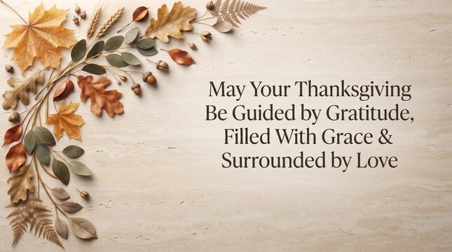 Thanksgiving greeting banner with autumn leaves and acorns on a textured beige background with copy space for seasonal holiday messages