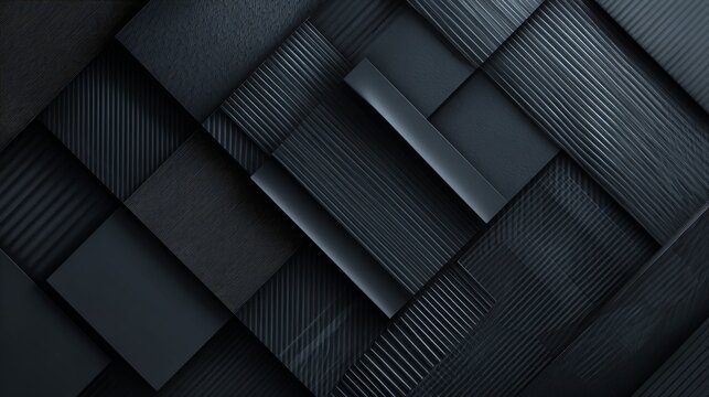 Dark carbon gray abstract geometric background with layered rectangular surfaces, sharp corners, monochrome stripes, linear patterns, modern minimalist design, elegant architectural shapes, and stylis