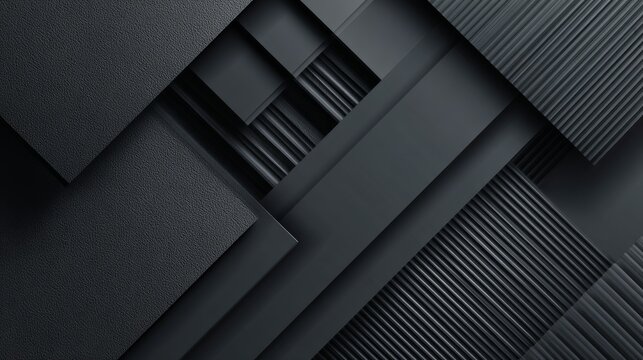 Dark carbon gray abstract geometric background with layered rectangular surfaces, sharp corners, monochrome stripes, linear patterns, modern minimalist design, elegant architectural shapes, and stylis